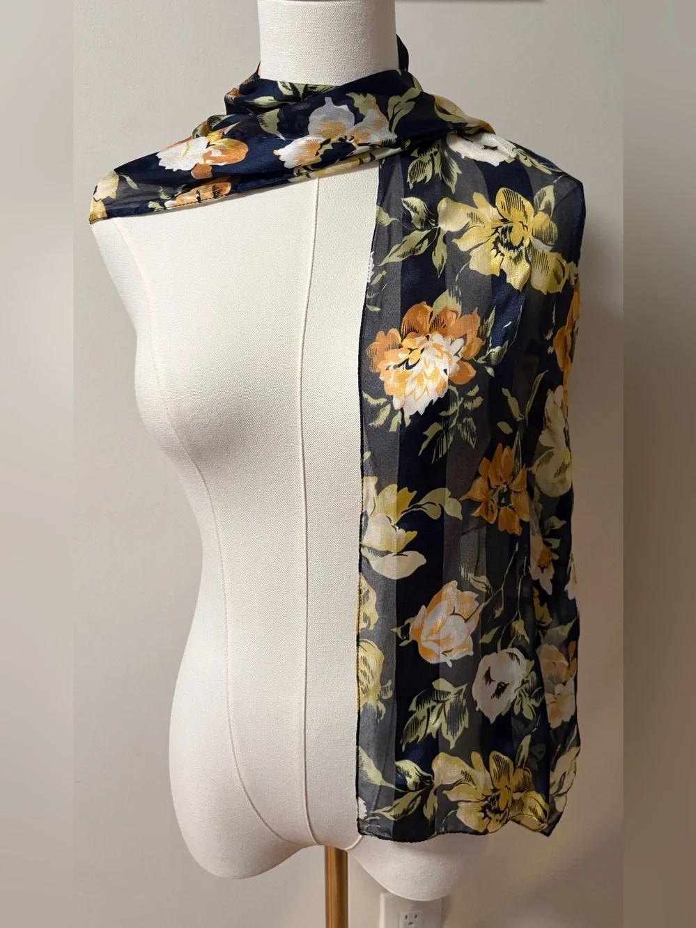 Jacquelyn Smith navy and floral pattern scarf with sheer and solid stripes